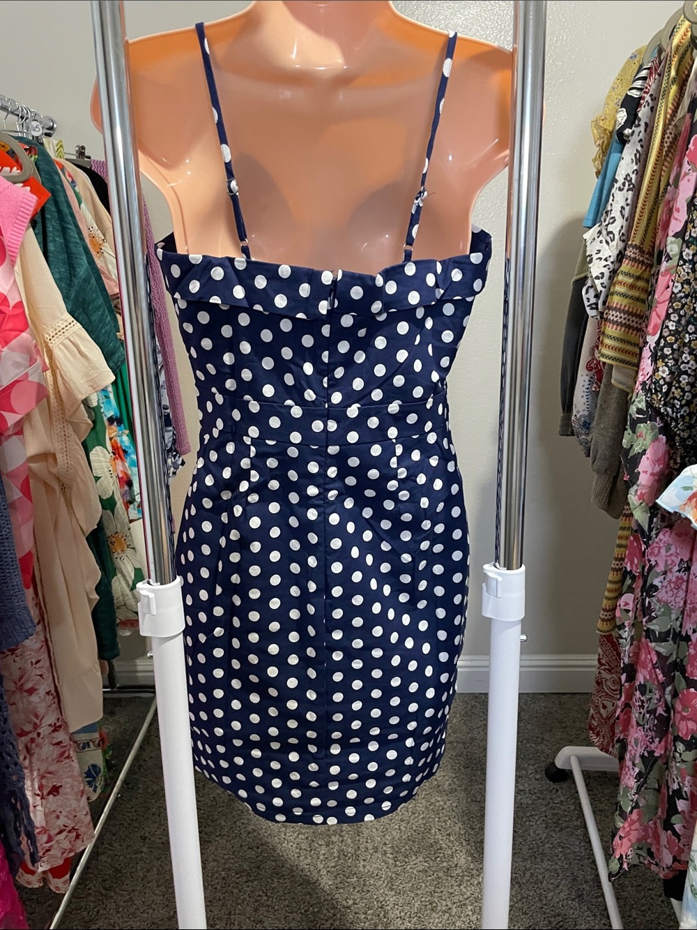 Main Strip Navy and White Polka Dot Tie-Front Mini Dress - Picture 2 of 4